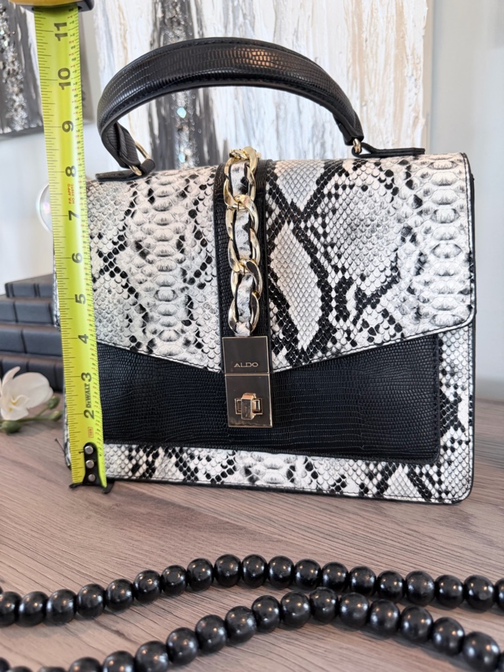 Aldo Black & White Snake-Print Top Handle Satchel with Gold Chain - Picture 9 of 12